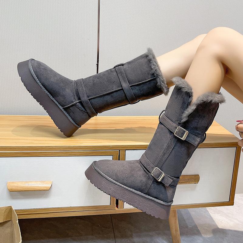 Women's Large Size Belt Buckle Thick Sole Winter Warm Fur One Snow Boots Padded Lined Ankle Boots Non-Slip Hiking Sports Cotton Boots