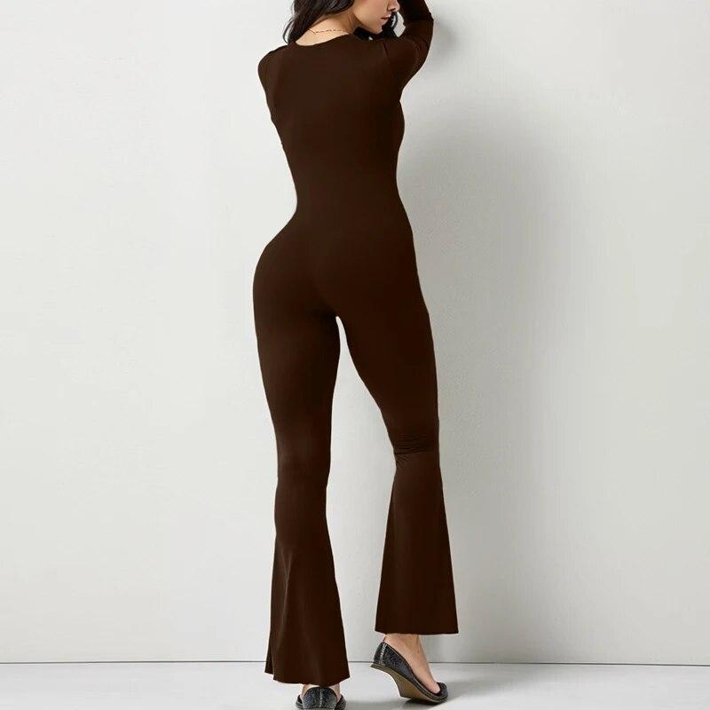2024 Long Sleeve Square Collar Skinny Wide Leg Women Jumpsuits High Elastic Fashion Bodysuit Casual Solid Color Clothes 30648