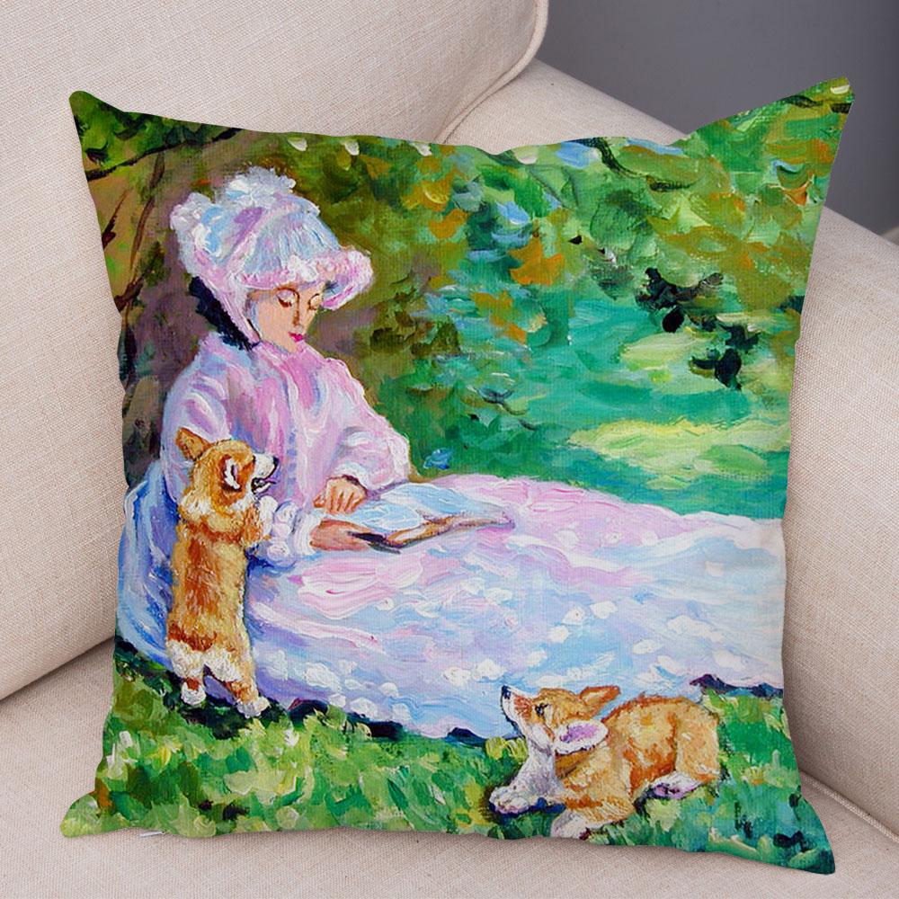 Welsh Corgi Pembroke Soft Plush Cushion Cover for Sofa Children Room Decor Cartoon Animal Pillowcase Oil Painting Pillow Case