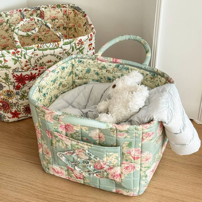 Large Flower Pattern Storage Basket With Foldable Cotton Construction For Home Organization