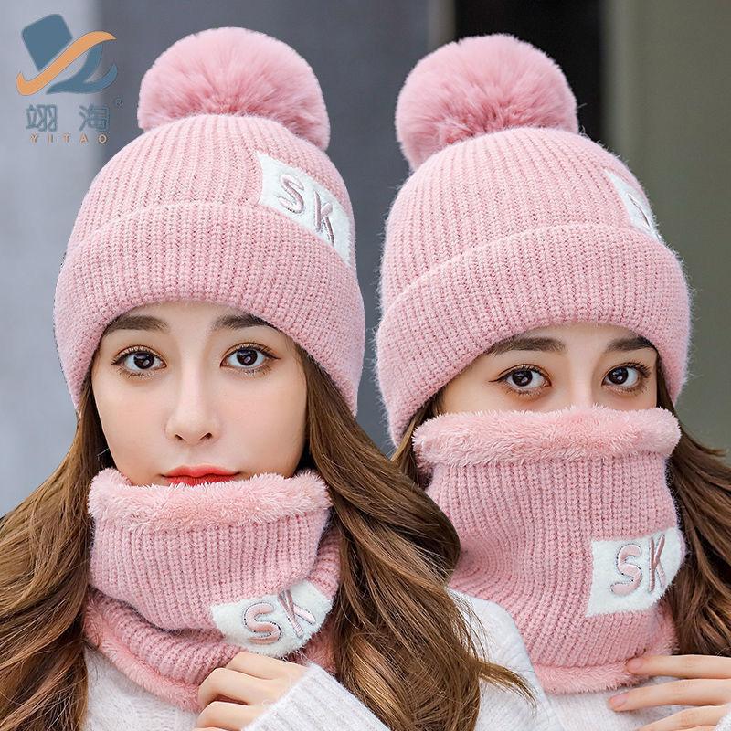 Winter Knitted Scarf Hat Set Thick Warm Skullies Beanies Hats for Women Solid Outdoor Snow Riding Ski Bonnet Caps Girl