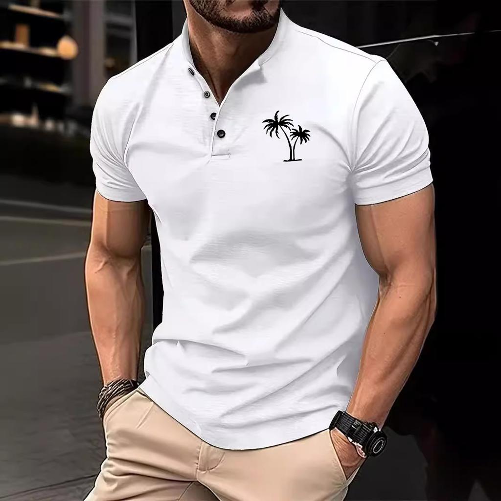 Coconut Tree Printed T-shirt Men's Button Henry Sports Polo Shirts Summer Tops