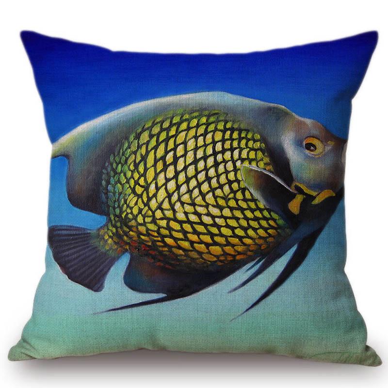 Summer Home Decoration Oil Painting Tropical Ocean Fish Sofa Throw Pillow Cover Nemo Fish Cotton Linen Cushion Cover Cases