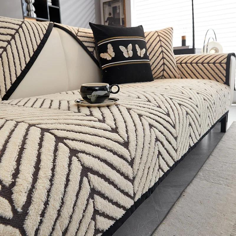 Chenille Couch Cover Herringbone Stripe Pattern Couch Cushion Nonslip Extra Thick Couch Cushion Geometric Diamond Grid All Seasons Sofa Cover