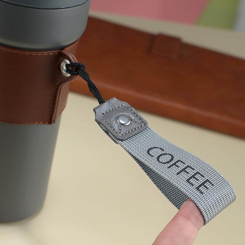 Двойная кофейная кружка из нержавеющей стали, 450 мл, кружка-термос с кожаным чехлом, герметичная автомобильная термос, дорожная изолированная бутылка