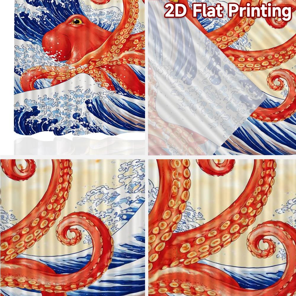 2D FLAT PRINTING 2pcs Curtains (Without Rod) Octopus and Ocean Waves Chic Curtain Chic Durable 100% Polyester Fabric Curtains