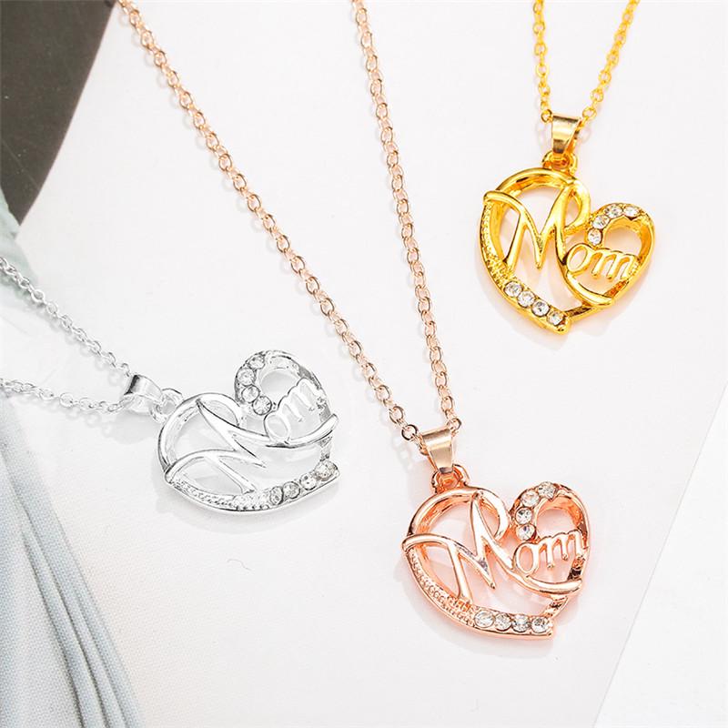 Mom Heart-shaped Pendant Diamond Letter Alloy Rhinestone Women Necklace Jewelry Mother Gift