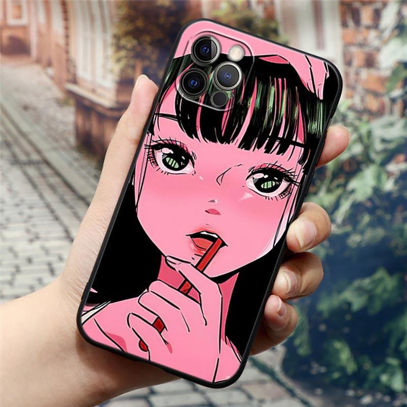 Супер милый чехол для телефона с аниме девушкой для iPhone14 13 12 11 PM Pro Max 8 7 SE XR XS Plus, черный мягкий силиконовый чехол Fundas Coques Shell