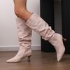 2025 Autumn and Winter New Retro Pleated 40-48 Stacking Boots Pointed Cowboy Long Tube Thin Heel High Heel Women's Boots