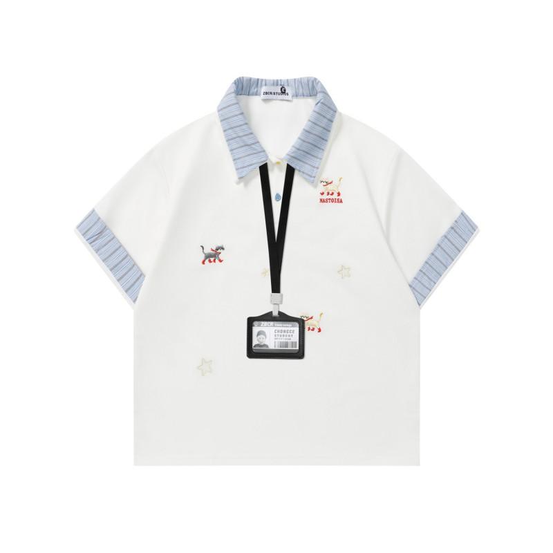 American Vintage Color Block Cartoon Embroidered Fake Two-Piece Polo Shirt Loose Casual T-Shirt Men Women