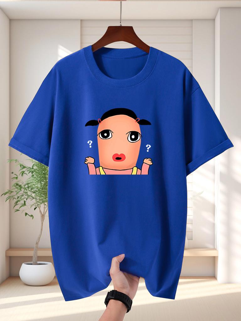 Unisex Blue Tee Lovely Confused Braid Girl Cartoon Graphic Print Crew Neck Short Sleeve Summer Casual Male Cotton Street Daily Top