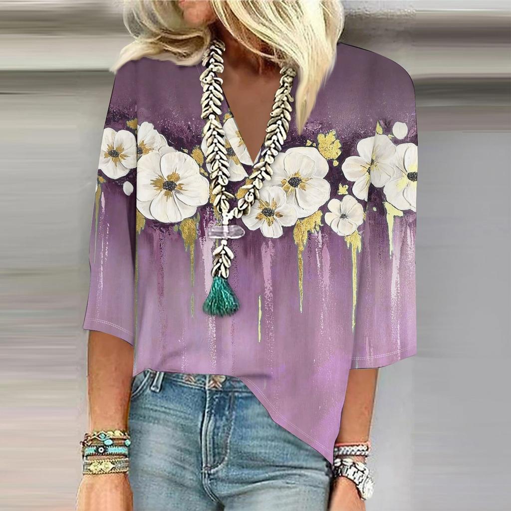 Женская рубашка-блузка повседневные свободные рубашки с рукавом 3/4 и принтом с V-образным вырезом Топы Футболки Футболка