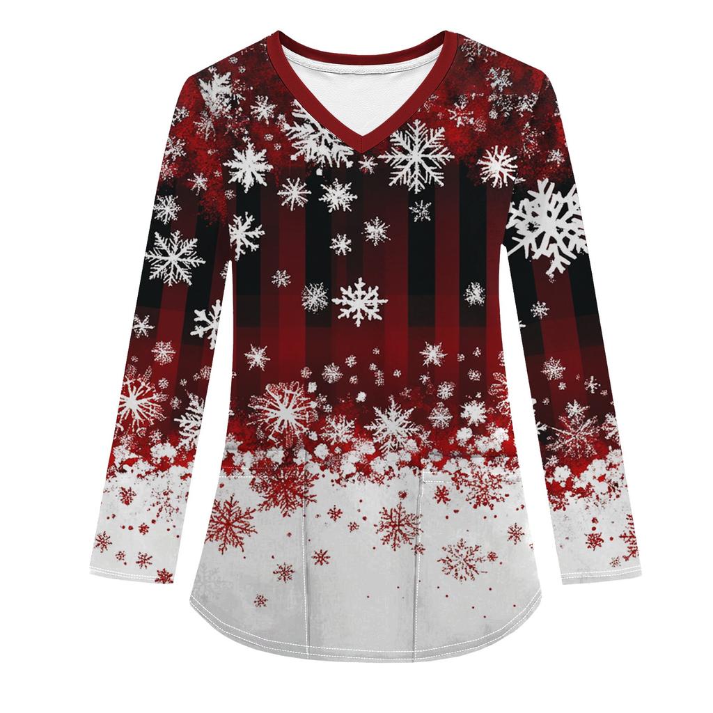 Женская модная рабочая одежда с V-образным вырезом, длинным рукавом и карманом, рождественский принт, футболка, топ
