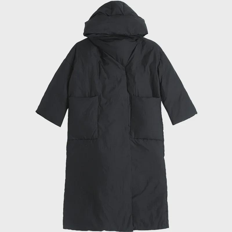 Women's 2024 Knee-Length Hooded Down Jacket - Korean Style, Thick, 90% White Duck Down