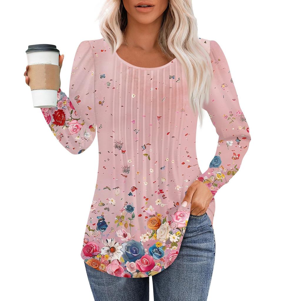 Long Sleeve Shirts For Women Tops Dressy Casual Blouses Pleated Scooped Neck Tunic Tops