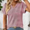 Ladies Summer Short Sleeve V Neck Striped Pullover T Shirt Top