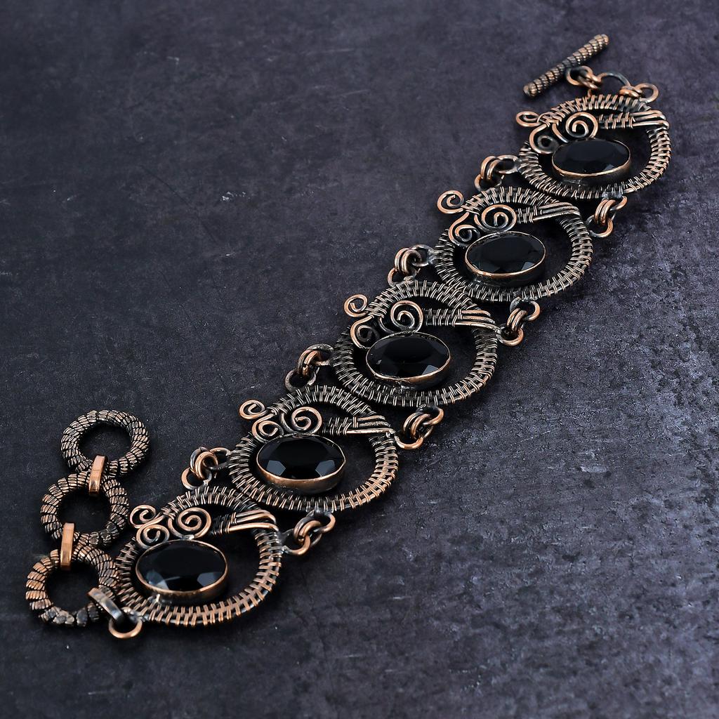 Natural Black Spinel Gemstone Handmade Copper Wire Wrap Bracelet 7-8" U3m48