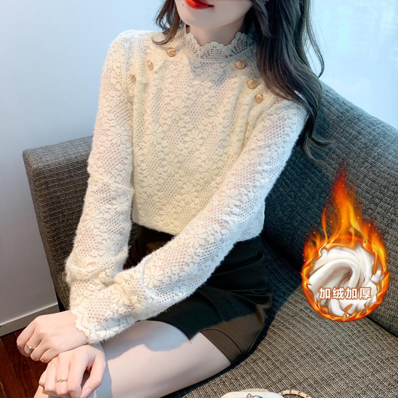 2024 осень и зима новый сладкий иностранный стиль тяжелая промышленная кружевная вышитая кружевная маленькая стойка воротник бархатная нижняя рубашка женская прилив