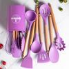 Purple Silicone Cooking Utensils Kitchen Set 12PCS Wooden Handle Silicone Spoon Spatula Turner Tongs Kitchen Gadgets with Holder