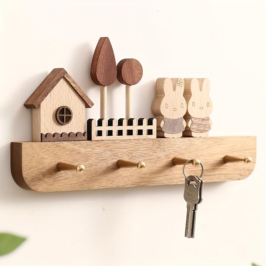 A Handmade Wooden Key Hook Set with a Cute Rabbit Statue - Wall-mounted, Polished and Stylish, Perfect for Your Entrance