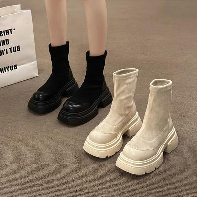 Платформенные короткие ботинки женские новые осенние эластичные тонкие ботинки ботинки в британском стиле ботинки Мартин жареные уличные черные одинарные ботинки