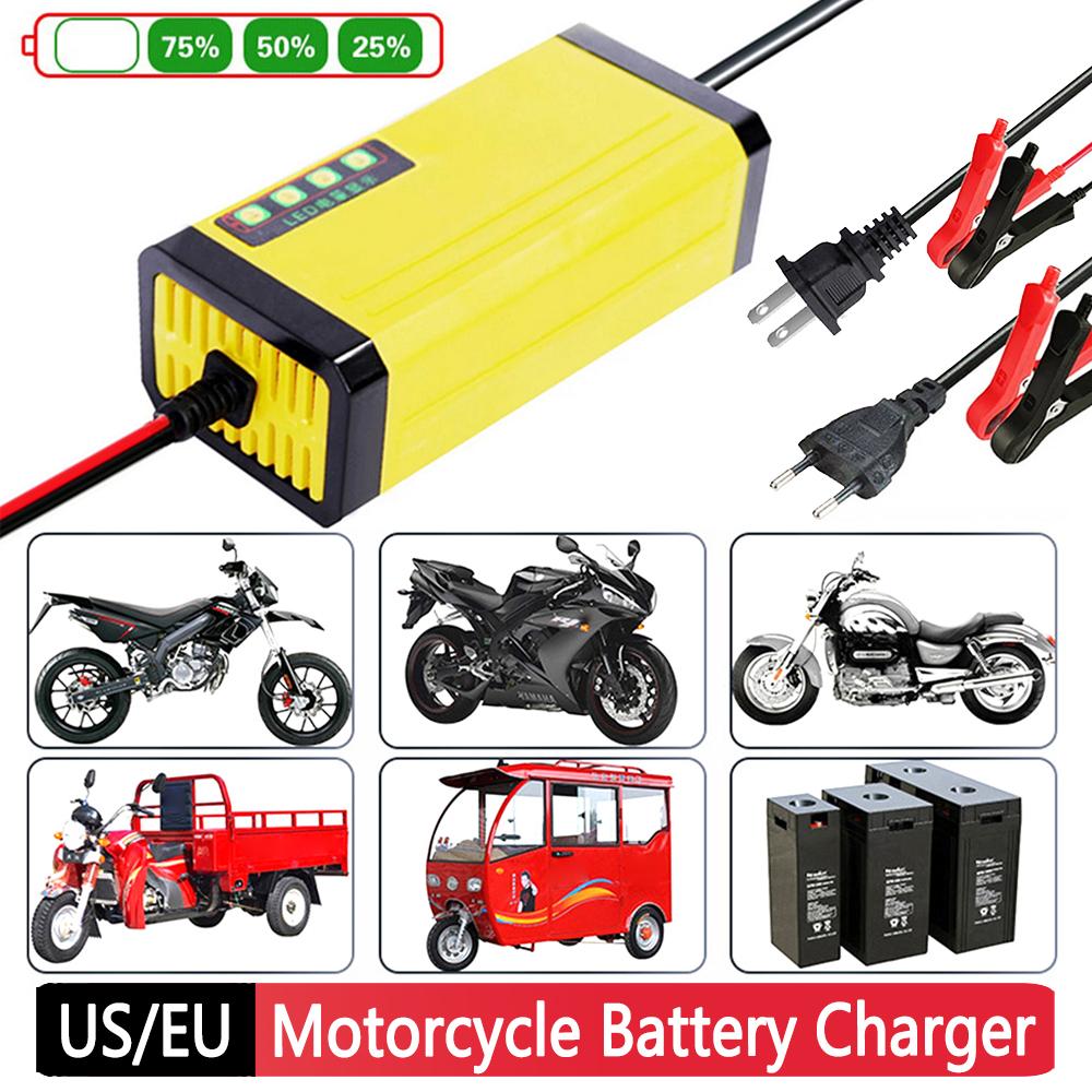 Motorcycle Battery Charging 12V 2A LED Display Smart Battery Charger EU/US Plug Pulse Repair Power Supply Current Voltage Adjust
