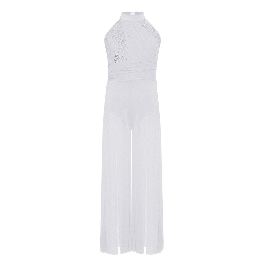 Женский комбинезон без рукавов с воротником-стойкой, перекрещивающимися бретелями на спине, блестящими пайетками, сетчатыми вставками и широкими штанинами, для лирического танца