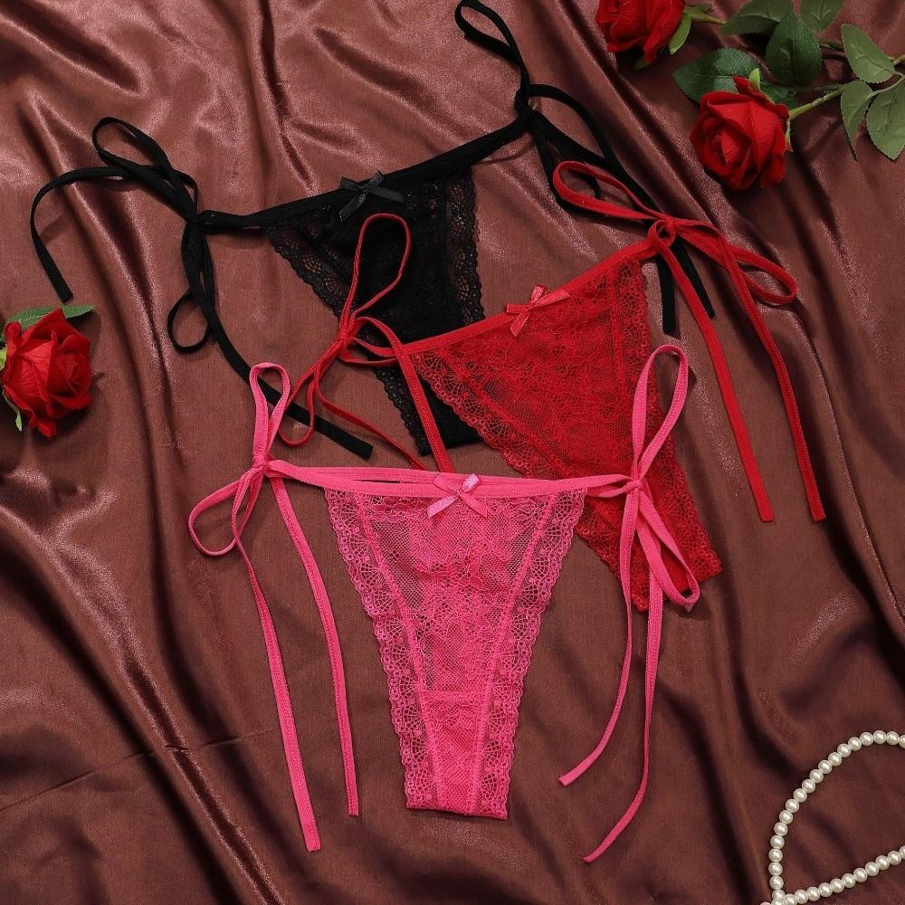 Adjustable Waist Strap Bow Lace Flower Transparent Briefs Female Lingerie Romantic T Panties  Gift