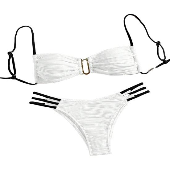 2Pcs/Set Women Bikini Set Sling Bandeau Padded Bra Wrinkle Texture Briefs Set Patchwork Color Split Swimsuit