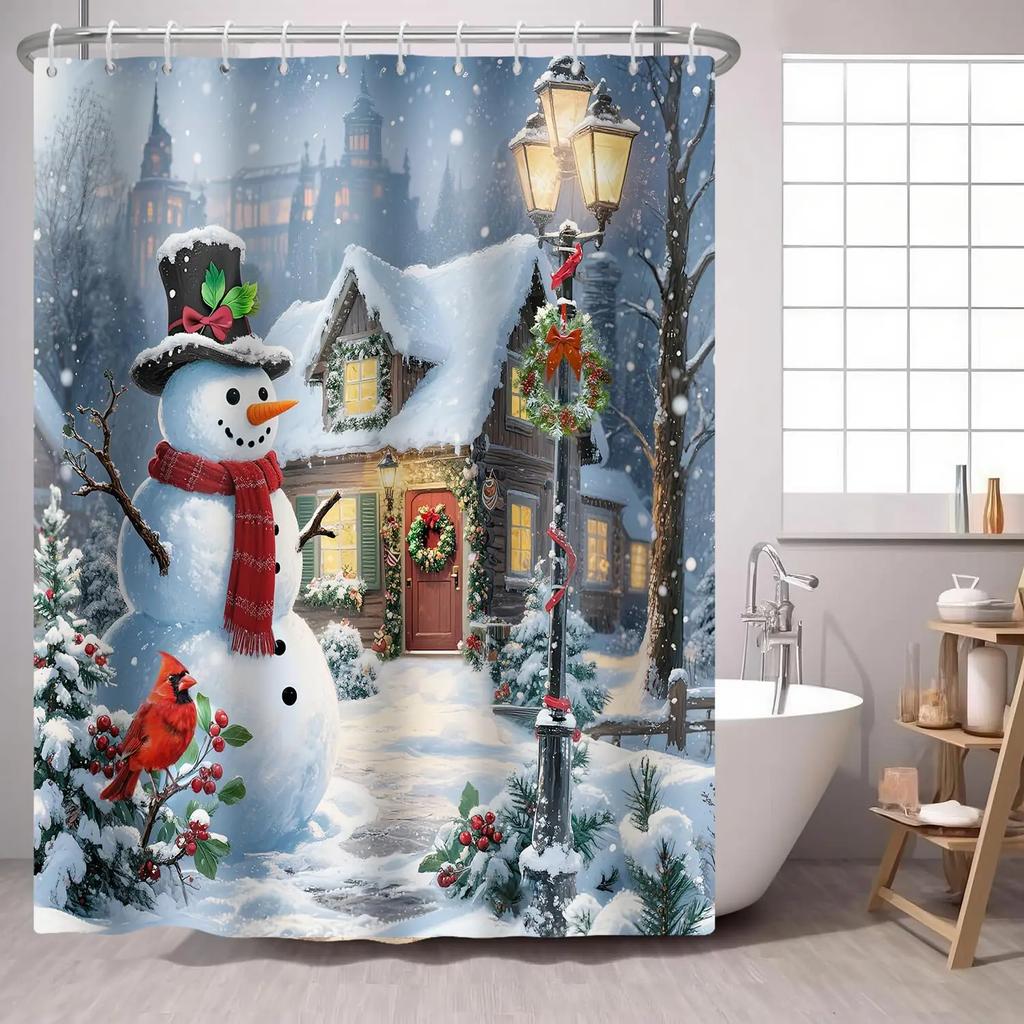 Сосна Красная Птица Занавеска для душа Зеленый Зимний Лес Кардинал Снежная Ягода Рождественская Тема, Деревенский Праздник Тканевая Занавеска для душа