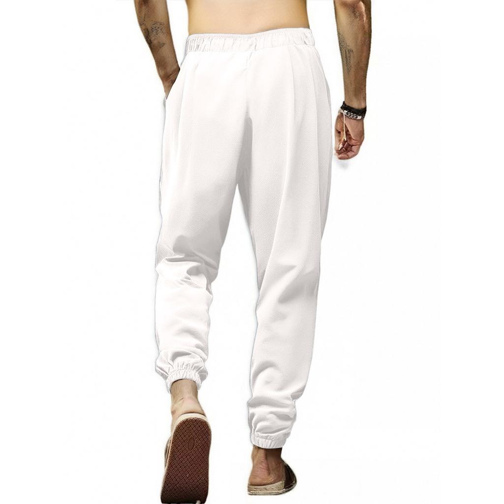 Мужские повседневные брюки с девятью точками, свободные летние брюки с завязками из хлопка и пеньки