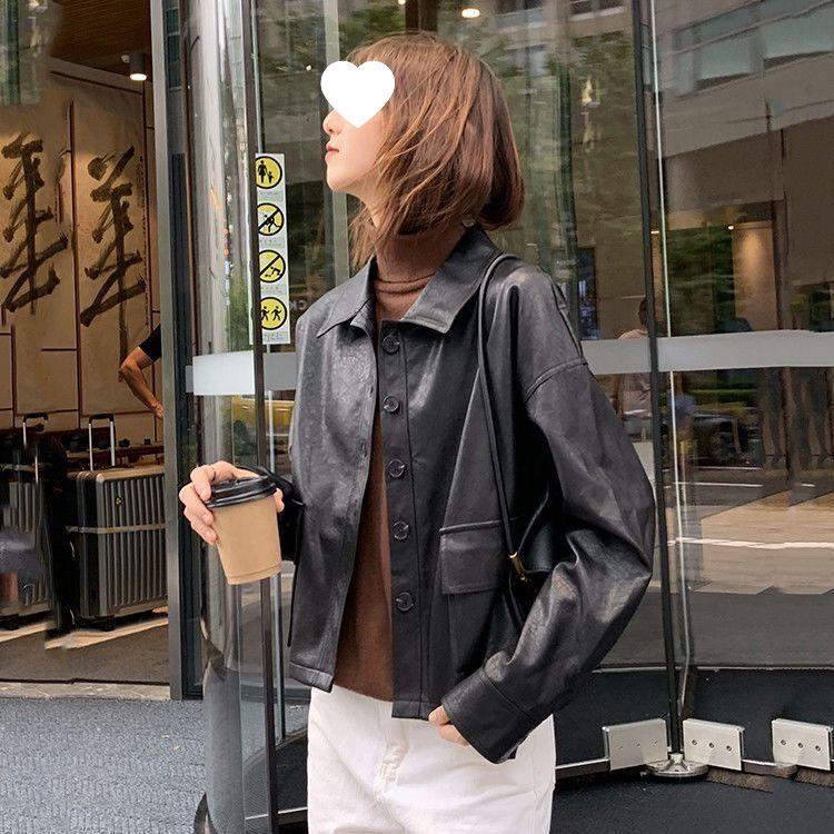 Женская модная свободная кожаная мотоциклетная куртка с рубашечным воротником и кулиской - Корейский стиль
