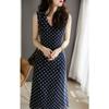 French V-neck Polka Dot Dress for Women's Summer New Lace Up Waist for Slimming and Refreshing Knee Length Chiffon Long Skirt
