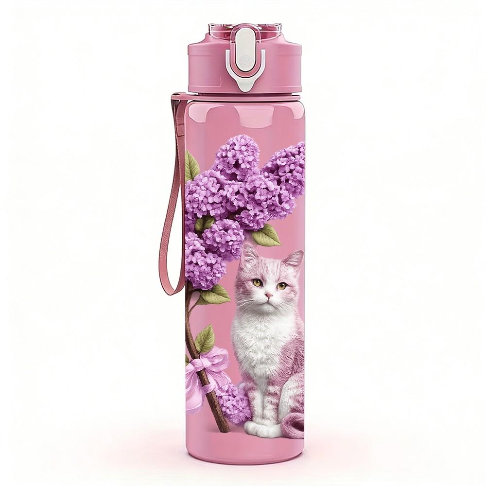 1PC Purple Lilac Flower With Cat Print 750ml Color Plastic Sports Water Bottle Leakproof Flip Straw Lid Suitable for Sports Office Home Use