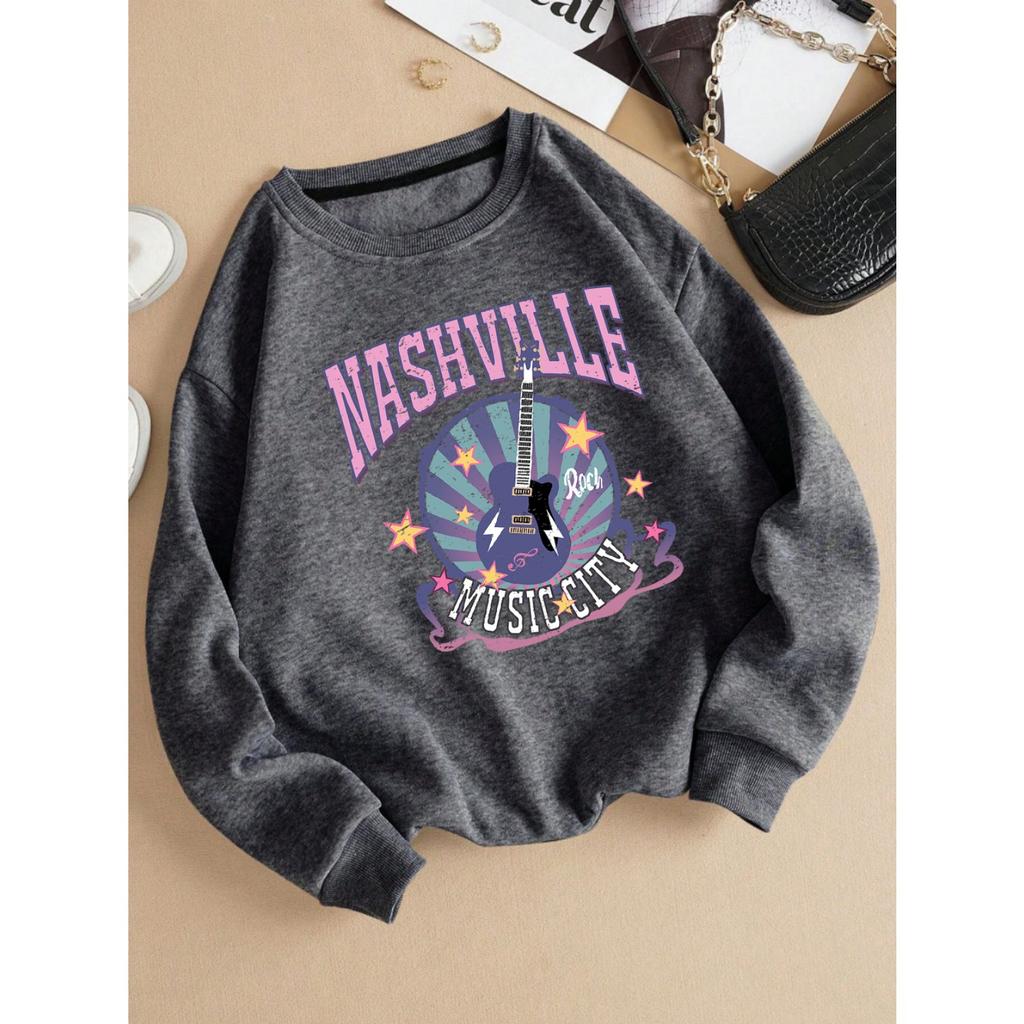 Street Woman Pullover Nashville Music Cith Poster Printing Hoodie Crewneck Loose Fleece Soft Sweatshirt Autumn Female Clothes