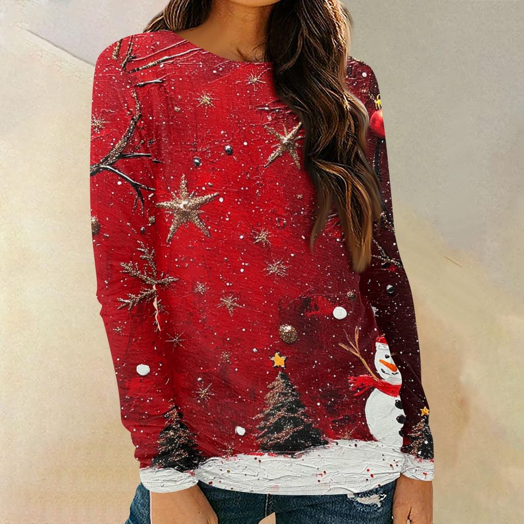 Женская мода круглый вырез пуловер с глубокими рукавами футболка с рождественским принтом топ