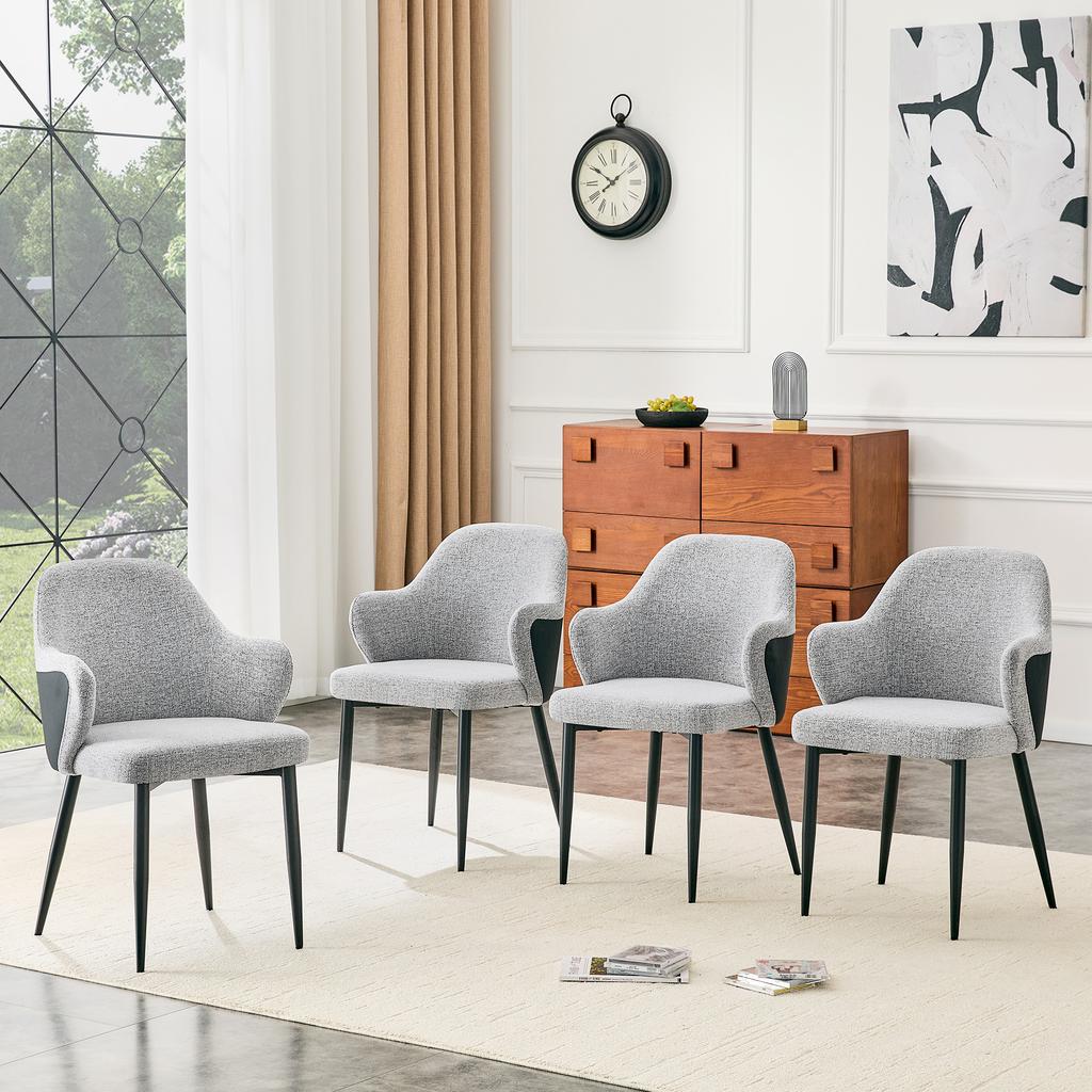 Set of 2 grey fabric dining chairs. Height 83 cm, backrest color-accented combination of fabric and black PU, cross-shaped metal support legs.