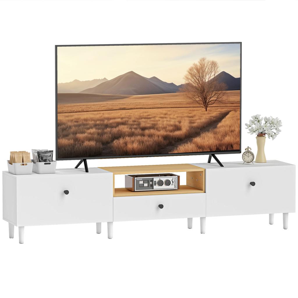 TV stand, TV cabinet for TV up to 90 inches with 2 drop-down doors, drawer, 200 x 35 x 45 cm, white