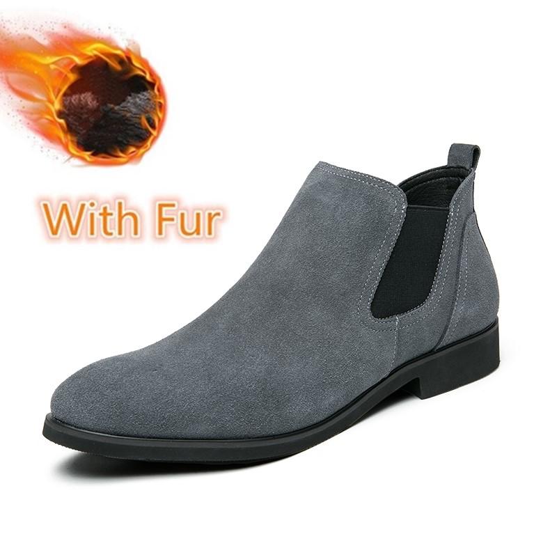 Модные мужские ботинки челси, зимние замшевые туфли, повседневные кожаные ботинки, мужская обувь, теплые плюшевые меховые ботинки без застежек для мужчин