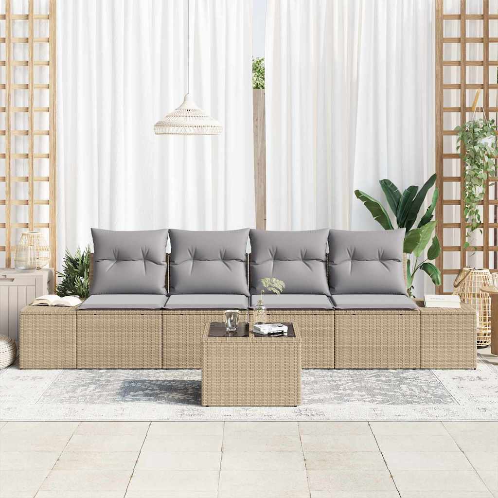 5 Piece Sofa Set with Cushions Beige and Light Grey Poly Rattan