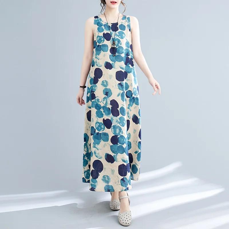 Sleeveless Plus Size Cotton Vintage Polka Dot New In Dresses for Women Casual Loose Long Summer Dress
