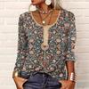 Women's T-shirt Autumn Fashion Sexy V-neck Tops Casual Ethnic Style Printed Button Large Women's T-shirt