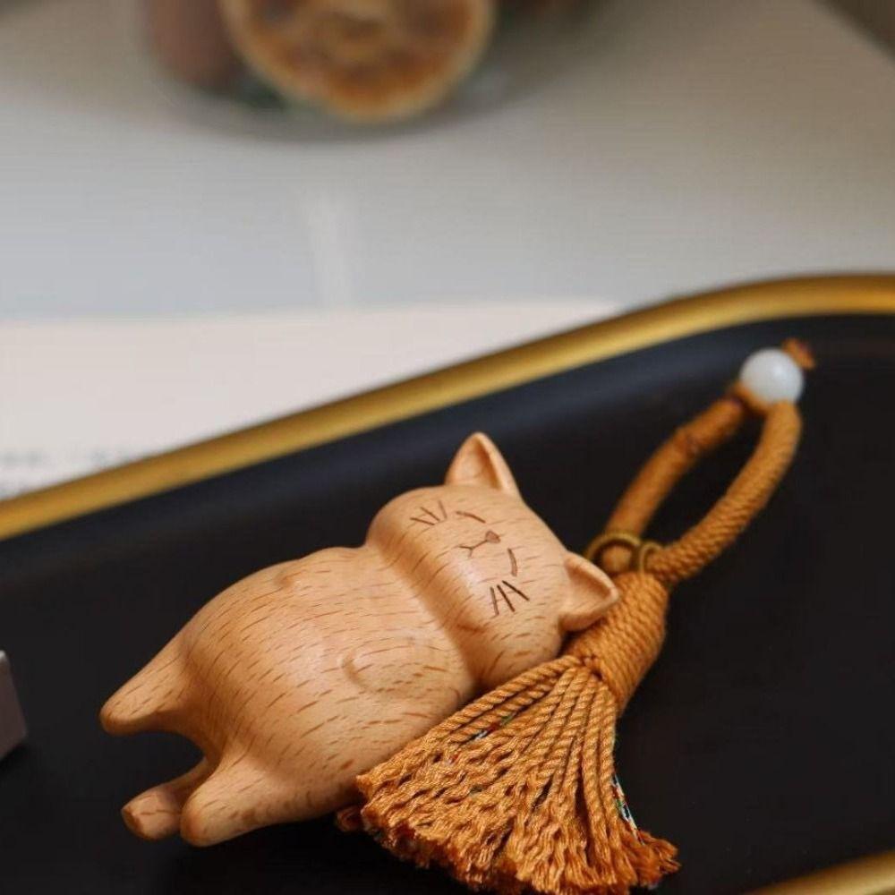 Beads Wooden Carved Cat Keychain Cartoon Animal Carved Cat Keyring  Students