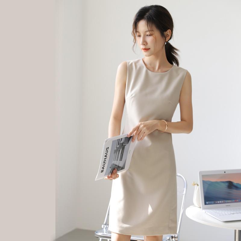 Платье без рукавов, летняя узкая черная юбка, OL, профессиональное платье, женская базовая юбка средней длины, жилет, юбка для перерыва на чай