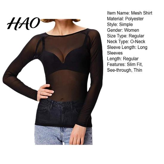 Lightweight Long Sleeve Tops Sexy Skinny See-through Black Mesh Pullover O-Neck Solid Color Transparent Punk Club Tee Shirt Women Sheer Blouses