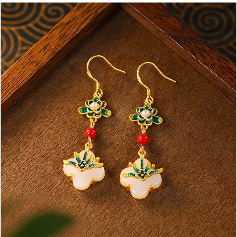 Vintage Floral Enamel Earring Ring Set Women Gold Plated With Mixed Gemstone Inlay Chinese Inspired Retro Jewelry