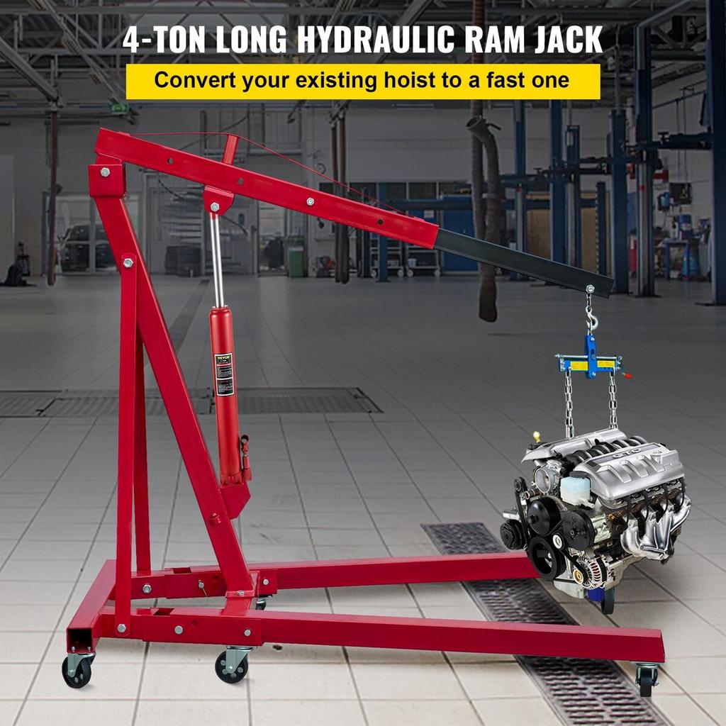 Hydraulic Long Ram Jack, 4 Tons/8818 lbs Capacity, with Single Piston Pump and Flat Base, Manual Cherry Picker with Handle, for Garage/Shop Cranes,