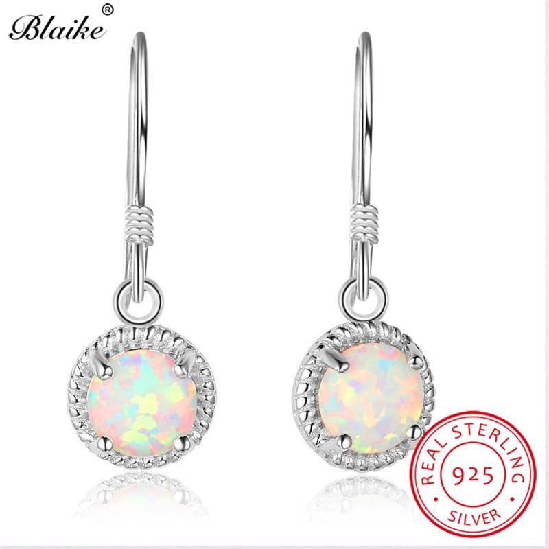 Blaike Vintage Round White Fire Opal Drop Earrings 100% 925 Sterling Silver October Birthstone Rainbow Hanging Dangle Earrings