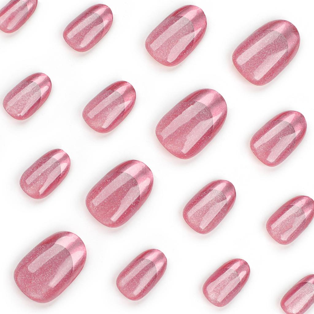 24 Pieces French Cat's Eye Nail Piece, Wearing Nail Art, Pink Purple Short Round Wearing Fake Nails