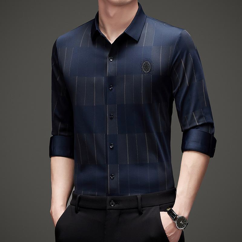 Весенние и осенние мужские рубашки делового качества, модные повседневные облегающие бесшовные рубашки без глажки для молодых и средних лет для мужчин